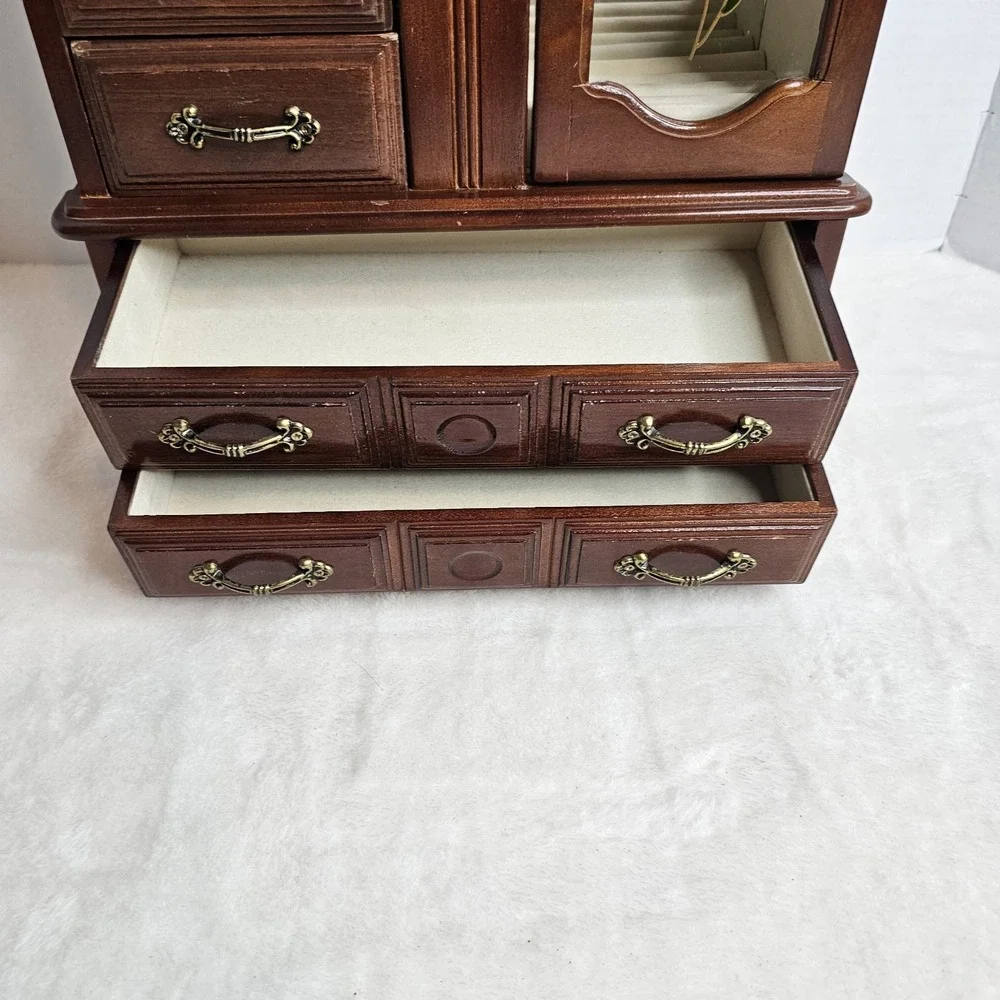Vintage Jewelry Box Armoire Floral Glass Door 7 Drawers 12x16x5.25